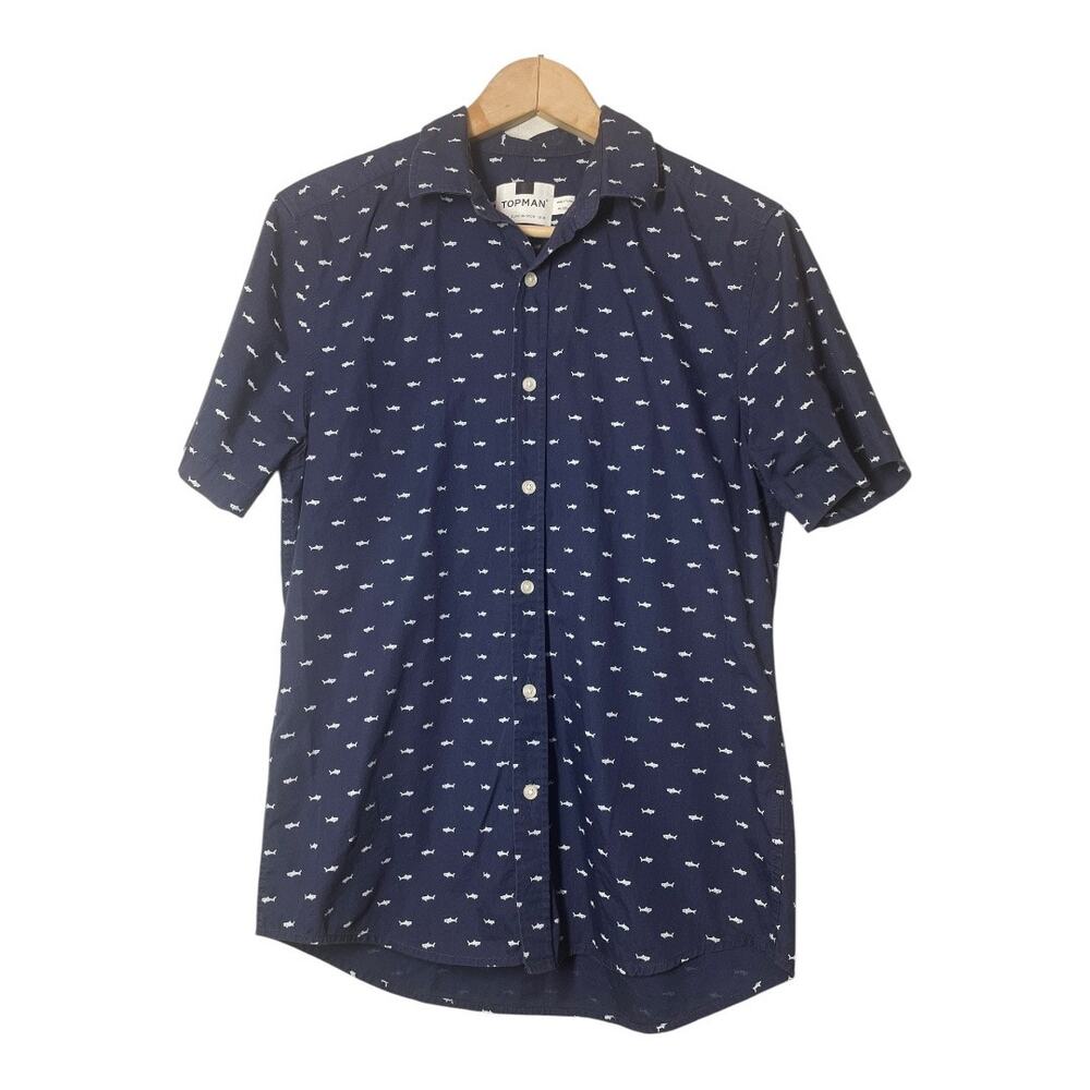 Topman Shark Fish Print Mens Shirt Short Sleeve Button Front Size Medium Blue